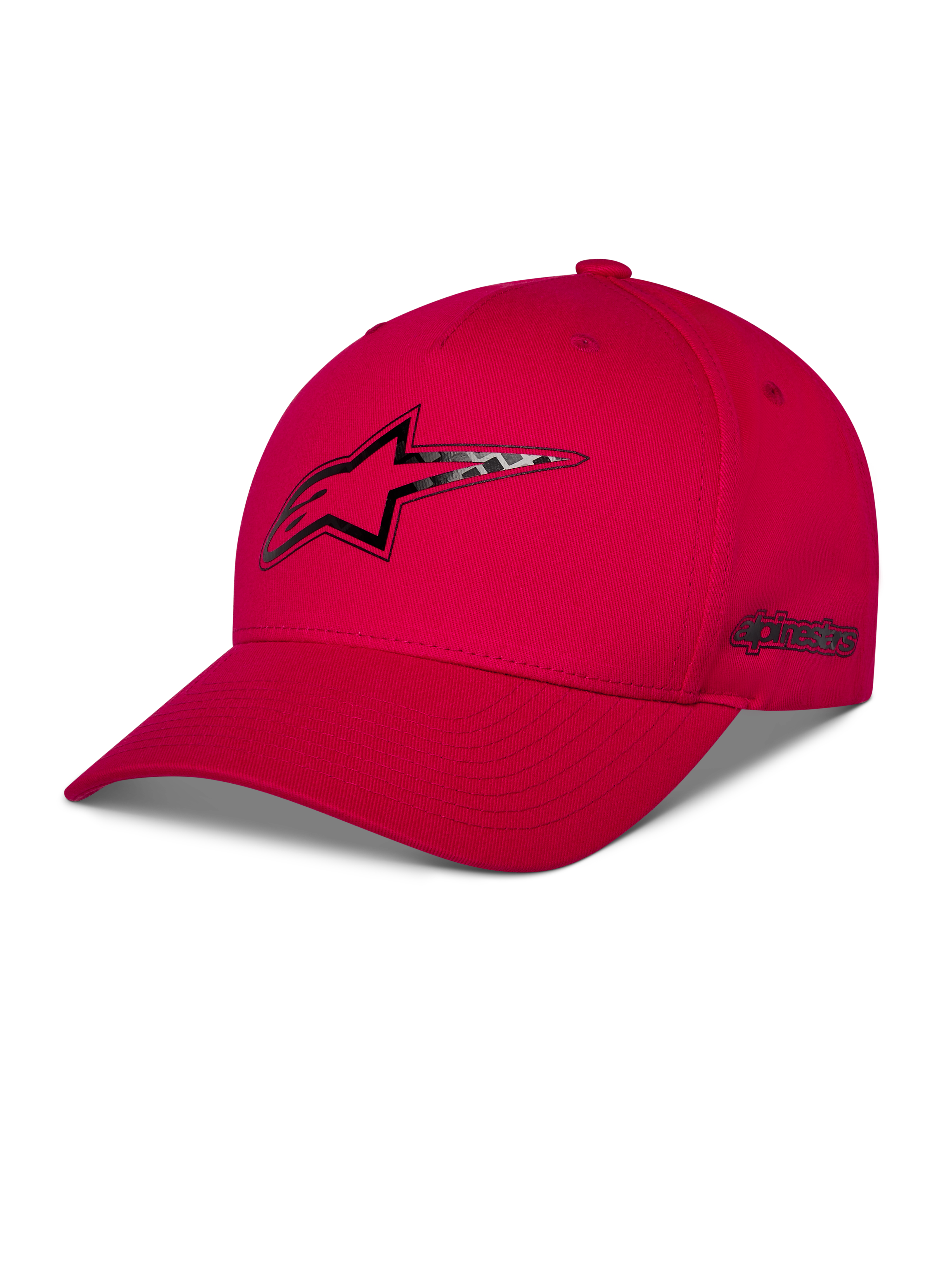 Alpinestars Carbon Fiber Snapback Kappe, Rot, Astars-Logo auf der Vorderseite und seitliches Wortlogo im Carbonfaser-Look Heat-Transfer-Druck, gebogener Schirm und strukturierte Krone, lässige Motorsport-Streetwear