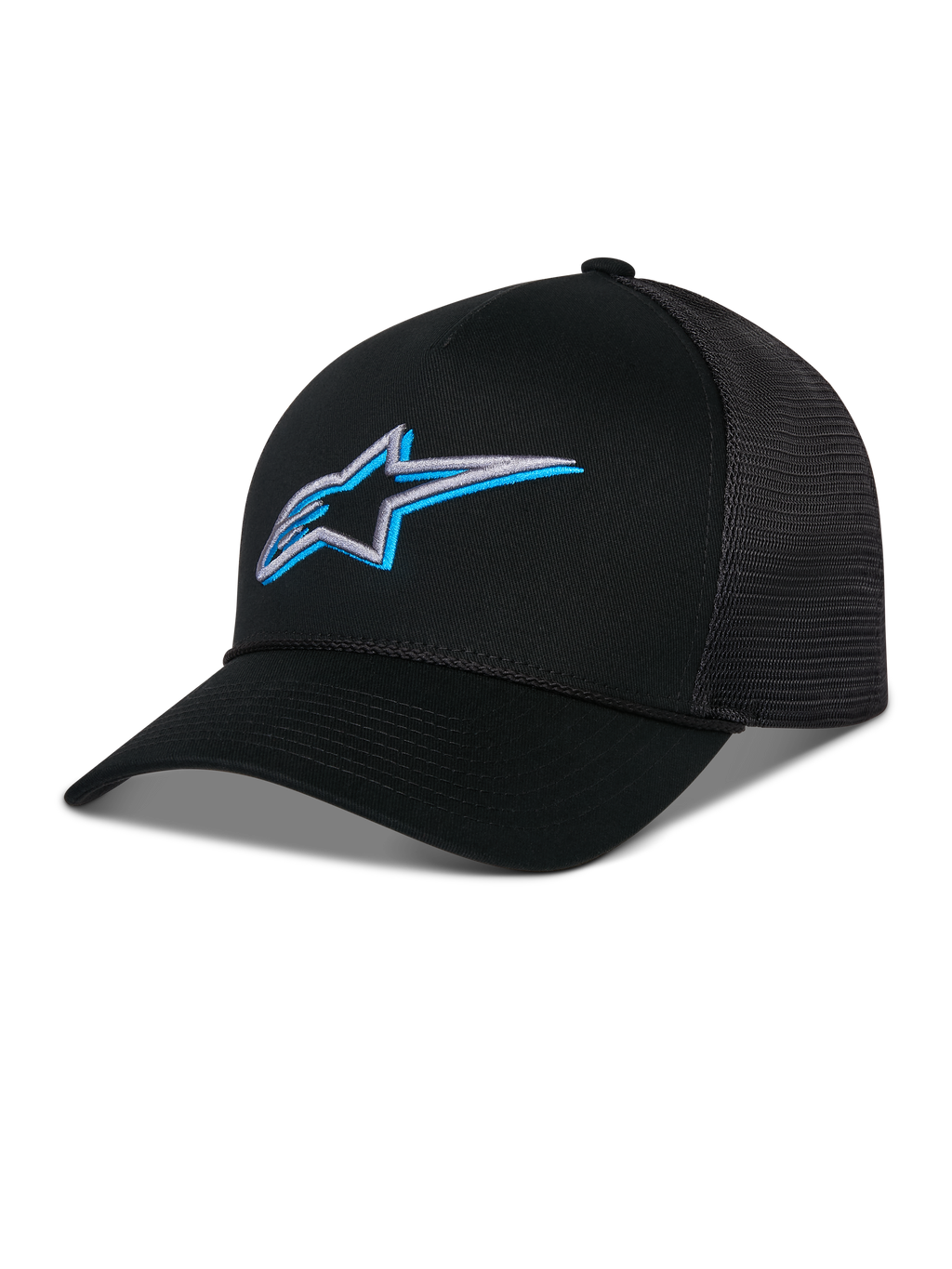 Alpinestars Ageless Shadow Trucker Pet, zwart met blauw en zilver 3D-geborduurd sterlogo, voorzien van een gebogen klep en ademende mesh achterpanelen, casual motorsport-geïnspireerde hoofdbedekking