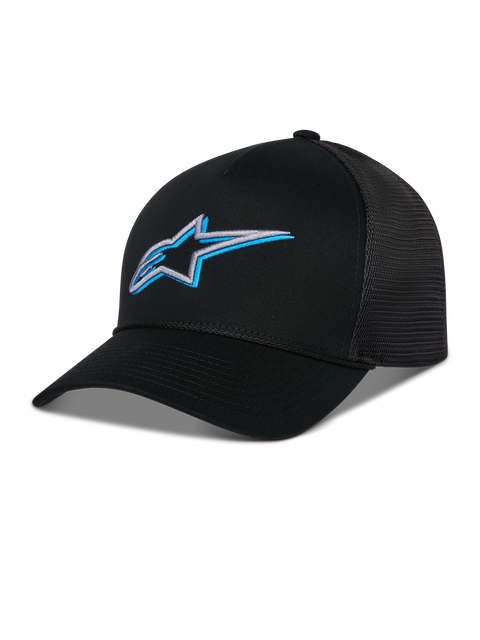 Casquette Trucker Alpinestars Ageless Shadow, noire avec logo étoile brodé en 3D bleu et argent, dotée d'une visière incurvée et de panneaux arrière en maille respirante, couvre-chef décontracté inspiré du sport automobile