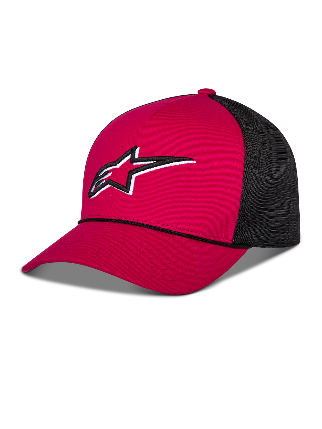 Alpinestars Ageless Shadow Trucker pet, rood met zwart, voorzien van een rode gestructureerde kroon en gebogen klep, zwarte mesh-achterpanelen, wit en zwart geborduurd Astars-logo op de voorzijde, casual motorsport-geïnspireerde hoofdbedekking