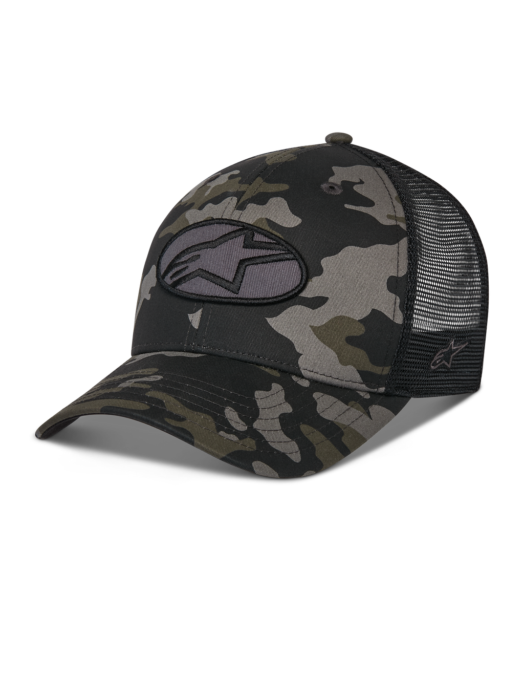 Alpinestars Oblique Camo Trucker pet, zwart camouflagepatroon met zwarte mesh achterkant, voorzien van een ovaal geborduurde Astars logo-patch aan de voorkant, gebogen klep en gestructureerde kroon, casual motorsport-geïnspireerde pet