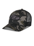 Alpinestars Oblique Camo Trucker pet, zwart camouflagepatroon met zwarte mesh achterkant, voorzien van een ovaal geborduurde Astars logo-patch aan de voorkant, gebogen klep en gestructureerde kroon, casual motorsport-geïnspireerde pet