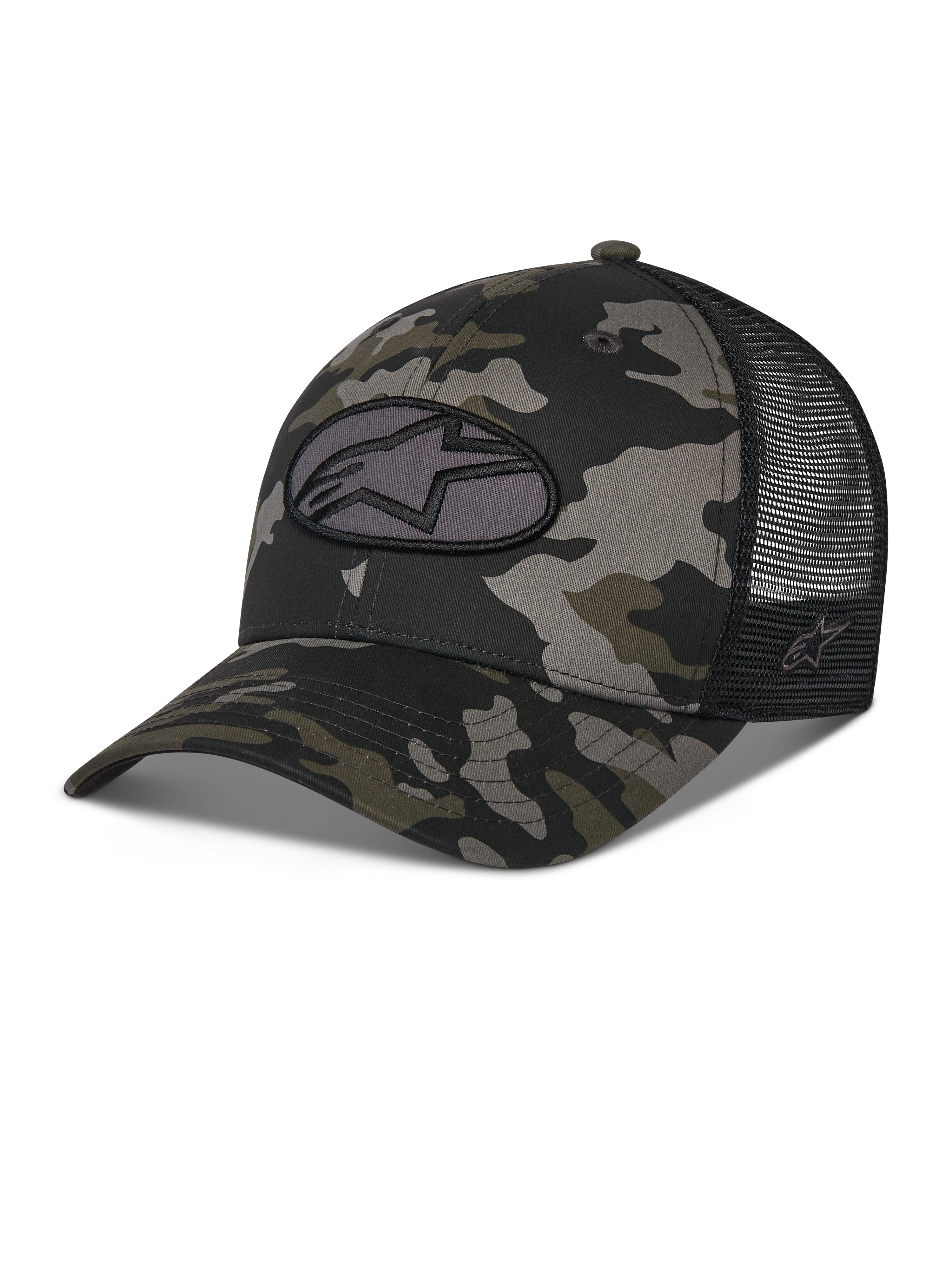 Alpinestars Oblique Camo Trucker Hat, black camouflage pattern with black mesh back, featuring a front Astars logo oval embroidery patch, curved bill and structured crown, casual motorsport-inspired headwear
