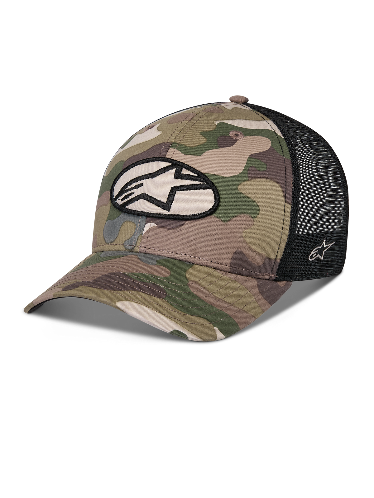 Alpinestars Oblique Camo Trucker Hat, Grünes Camouflage und Schwarz, Camouflage-Vorderseite aus Twill mit schwarzer Mesh-Rückseite, ovaler Alpinestars Logo-Patch vorne, gebogener Schirm, lässige Motorsport-Kopfbedeckung