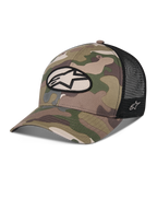 Alpinestars Oblique Camo Trucker pet, groene camouflage en zwart, voorzijde van camouflage twill met zwarte mesh achterzijde, ovale Alpinestars logo patch op de voorzijde, gebogen klep, casual motorsport hoofdbedekking
