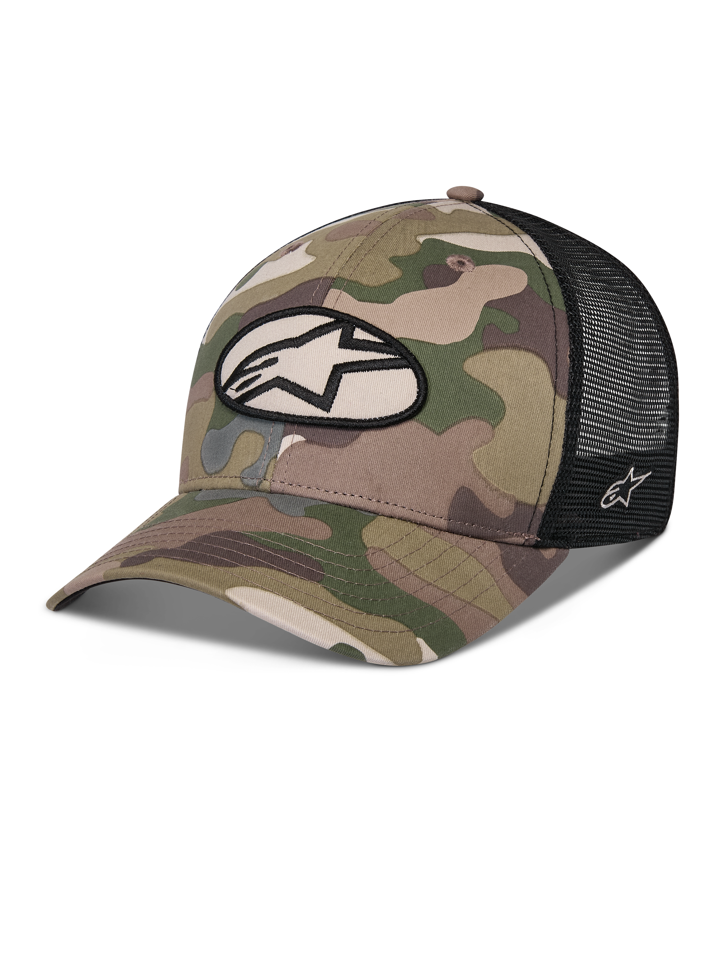 Alpinestars Oblique Camo Trucker pet, groene camouflage en zwart, voorzijde van camouflage twill met zwarte mesh achterzijde, ovale Alpinestars logo patch op de voorzijde, gebogen klep, casual motorsport hoofdbedekking