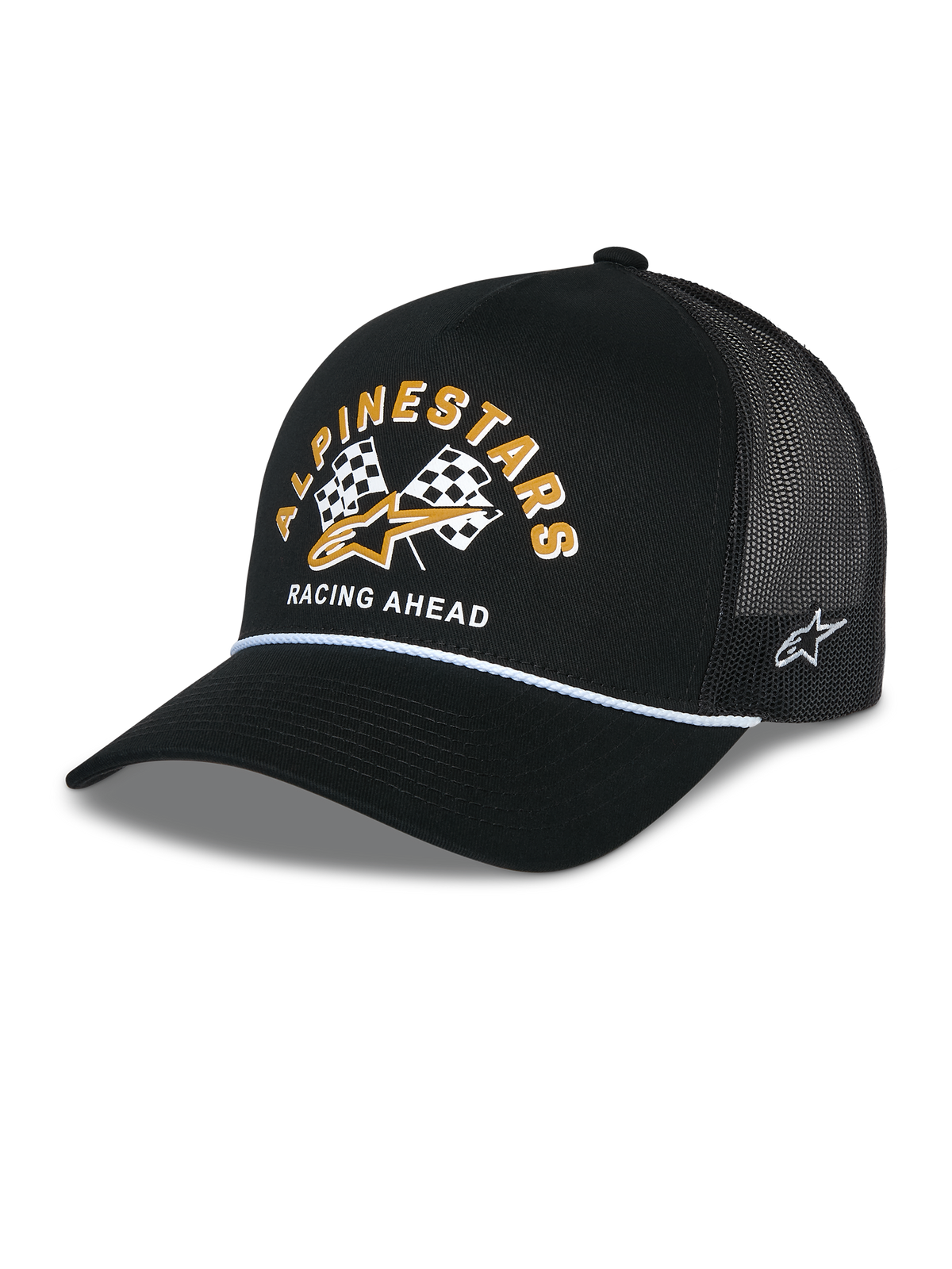 Alpinestars Finisher Trucker-Mütze, schwarze Trucker-Cap mit atmungsaktivem Mesh-Rücken, gebogener Schirm mit weißem Kordel-Akzent, Frontgrafik mit gelbem Alpinestars-Schriftzug und Schachbrettflaggen, seitlich gesticktes Stern-Logo, lässige, vom Motorsport inspirierte Kopfbedeckung