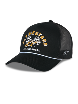 Alpinestars Finisher Trucker-Mütze, schwarze Trucker-Cap mit atmungsaktivem Mesh-Rücken, gebogener Schirm mit weißem Kordel-Akzent, Frontgrafik mit gelbem Alpinestars-Schriftzug und Schachbrettflaggen, seitlich gesticktes Stern-Logo, lässige, vom Motorsport inspirierte Kopfbedeckung