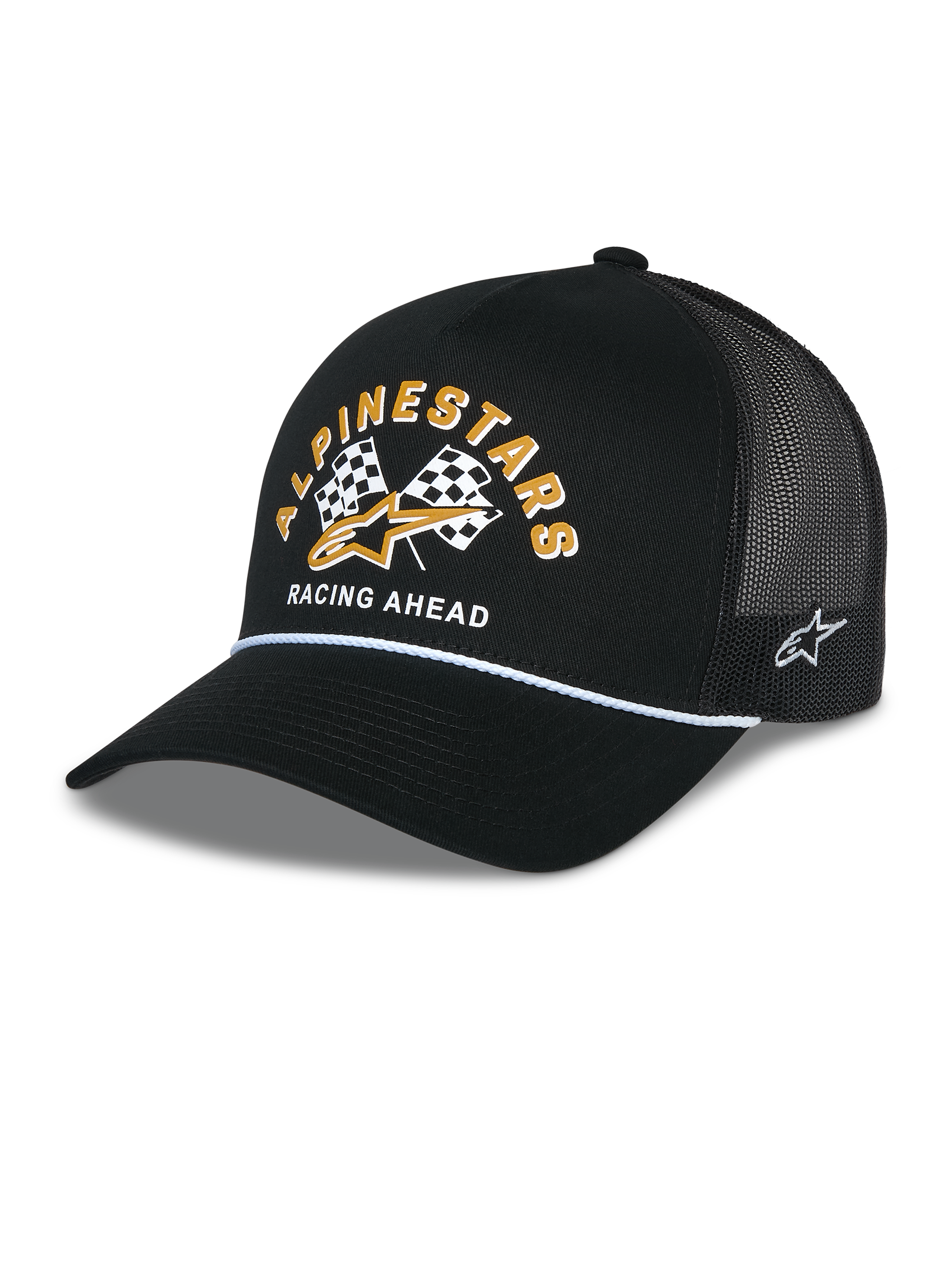 Casquette Trucker Finisher Alpinestars, casquette trucker noire avec arrière en maille respirante, visière courbée avec détail de cordelette blanche, graphique à l'avant avec lettrage Alpinestars jaune et drapeaux à damier, logo étoile brodé sur le côté, accessoire décontracté inspiré du sport automobile