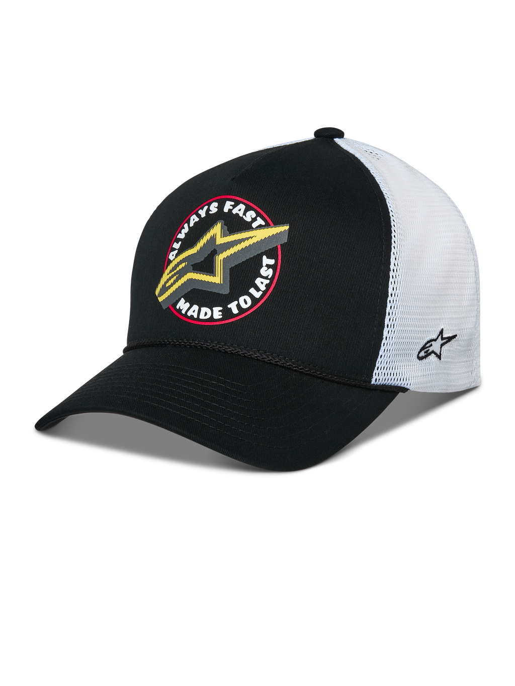 Alpinestars Aorbit Trucker Hat, zwart-witte snapback cap, voorzien van een 'Always Fast Made to Last'-grafiek en geel Astars-logo aan de voorkant, witte mesh achterkant met borduursel aan de zijkant en een gebogen klep