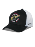 Alpinestars Aorbit Trucker Hat, zwart-witte snapback cap, voorzien van een 'Always Fast Made to Last'-grafiek en geel Astars-logo aan de voorkant, witte mesh achterkant met borduursel aan de zijkant en een gebogen klep