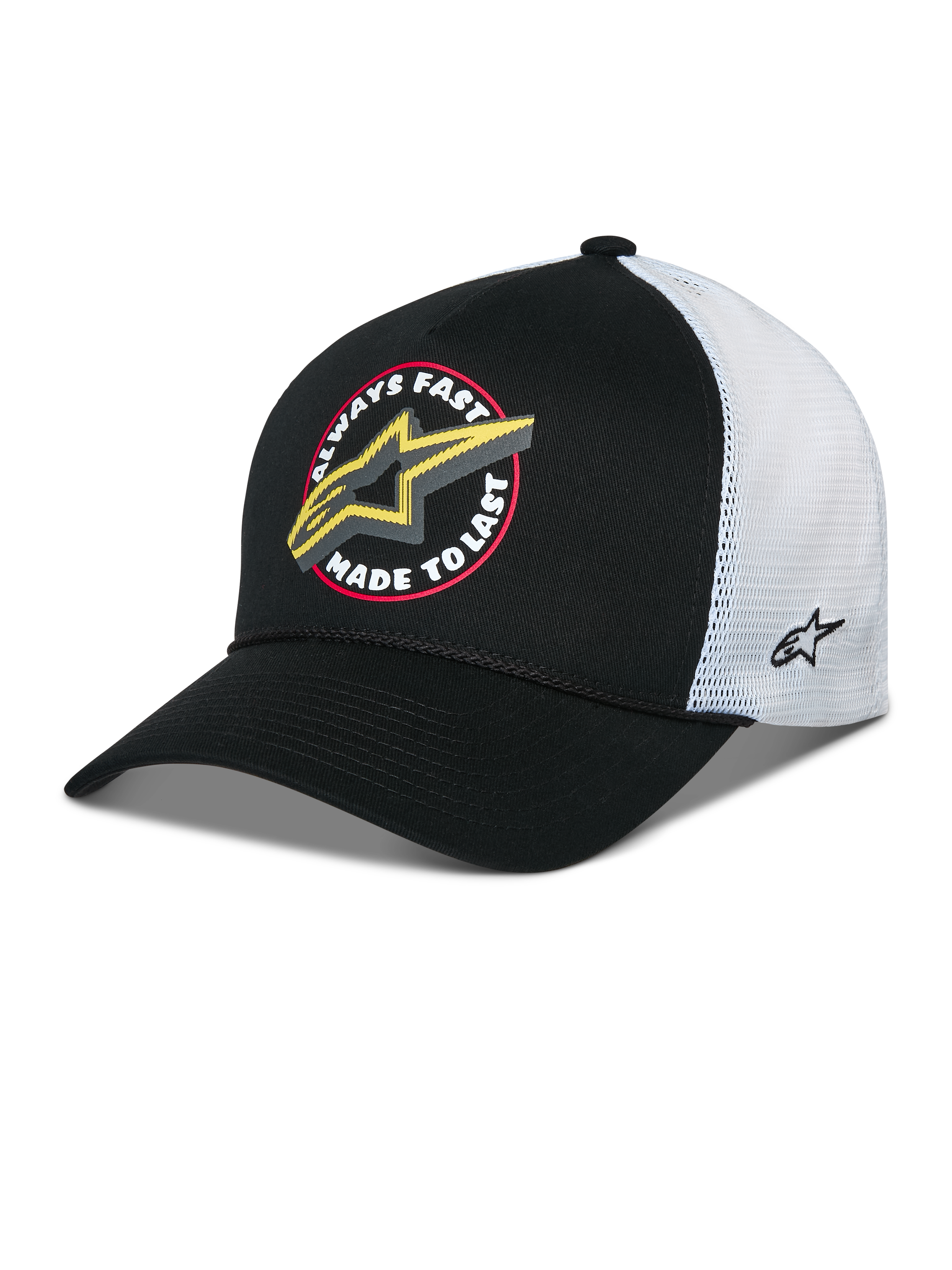Alpinestars Aorbit Trucker Hat, zwart-witte snapback cap, voorzien van een 'Always Fast Made to Last'-grafiek en geel Astars-logo aan de voorkant, witte mesh achterkant met borduursel aan de zijkant en een gebogen klep