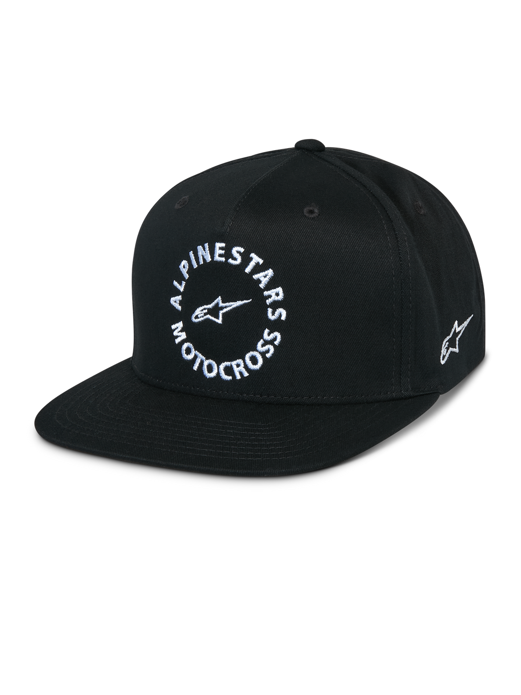 Alpinestars MX Snapback pet, zwarte pet met platte klep, gestructureerde kroon, witte ronde Alpinestars Motocross graphic op de voorzijde, geborduurd Astars-logo aan de zijkant, 100% katoenen twill, casual motorsport sportkleding