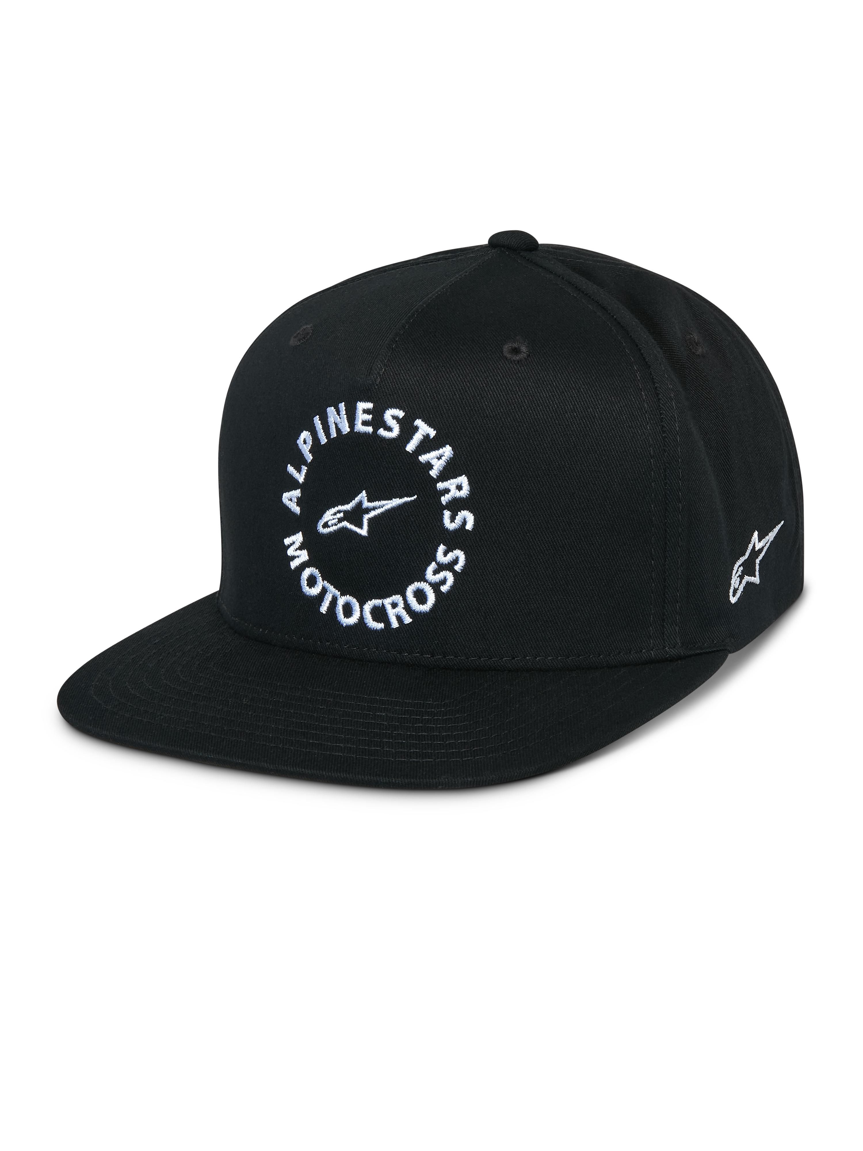 Casquette Snapback MX Alpinestars, casquette noire à visière plate, couronne structurée, graphique circulaire blanc Alpinestars Motocross à l'avant, logo Astars brodé sur le côté, sergé 100 % coton, sportswear décontracté