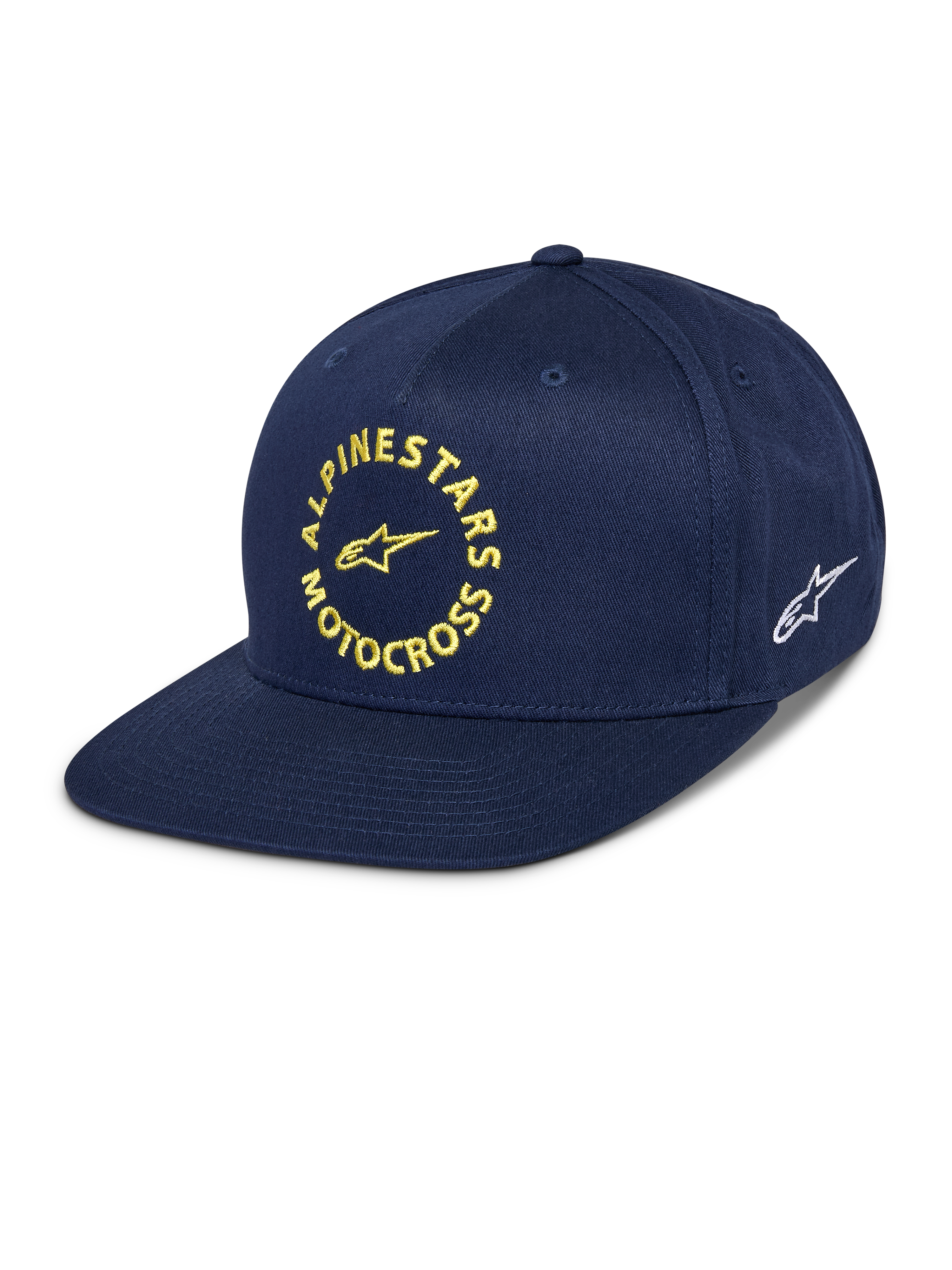 Alpinestars MX Snapback Pet, marineblauw, platte klep met gestructureerde kroon, gele geborduurde Alpinestars Motocross-graphic aan de voorzijde, wit Astars-logo aan de zijkant, katoenen keperstof, casual motorsport headwear