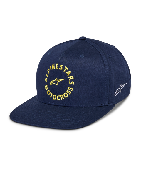 Casquette Snapback MX Alpinestars, bleu marine, visière plate et couronne structurée, graphique Alpinestars Motocross jaune brodé sur le devant, logo Astars blanc sur le côté, sergé de coton, accessoire sportswear décontracté