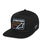 Alpinestars Intuitive Snapback pet, zwart, platte klep met gestructureerde kroon, geborduurde patch op de voorkant met 'Alpinestars Racing Ahead' en logo, wit Astars-logo op de zijkant, casual pet van keperstof