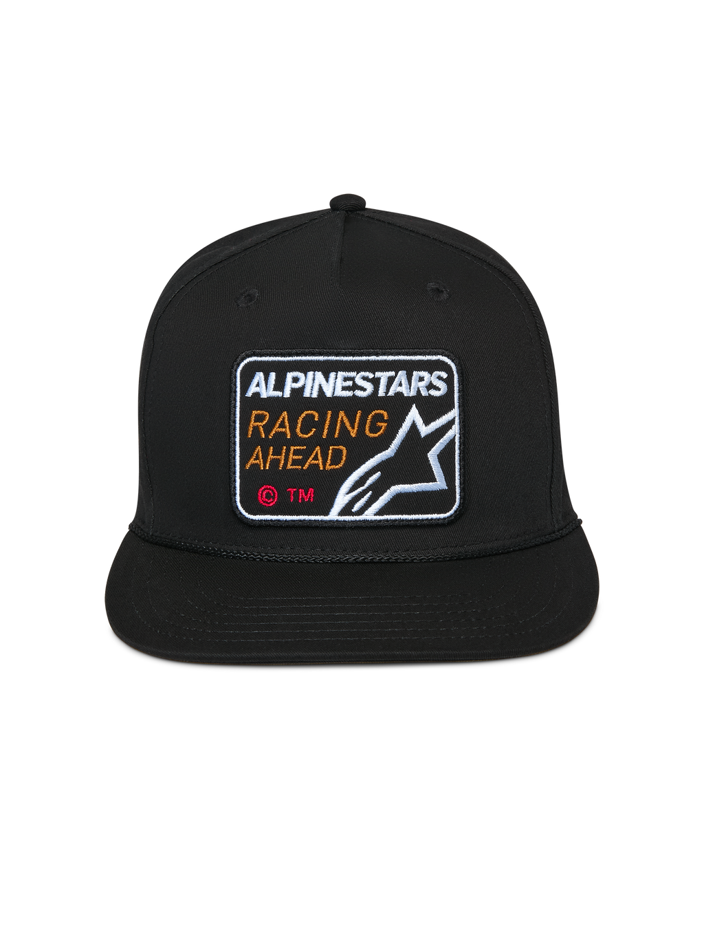 Alpinestars Intuitive Snapback pet, zwart, geborduurde Alpinestars Racing Ahead patch op de voorkant, platte klep met gestructureerde kroon, casual motorsport hoofdbedekking