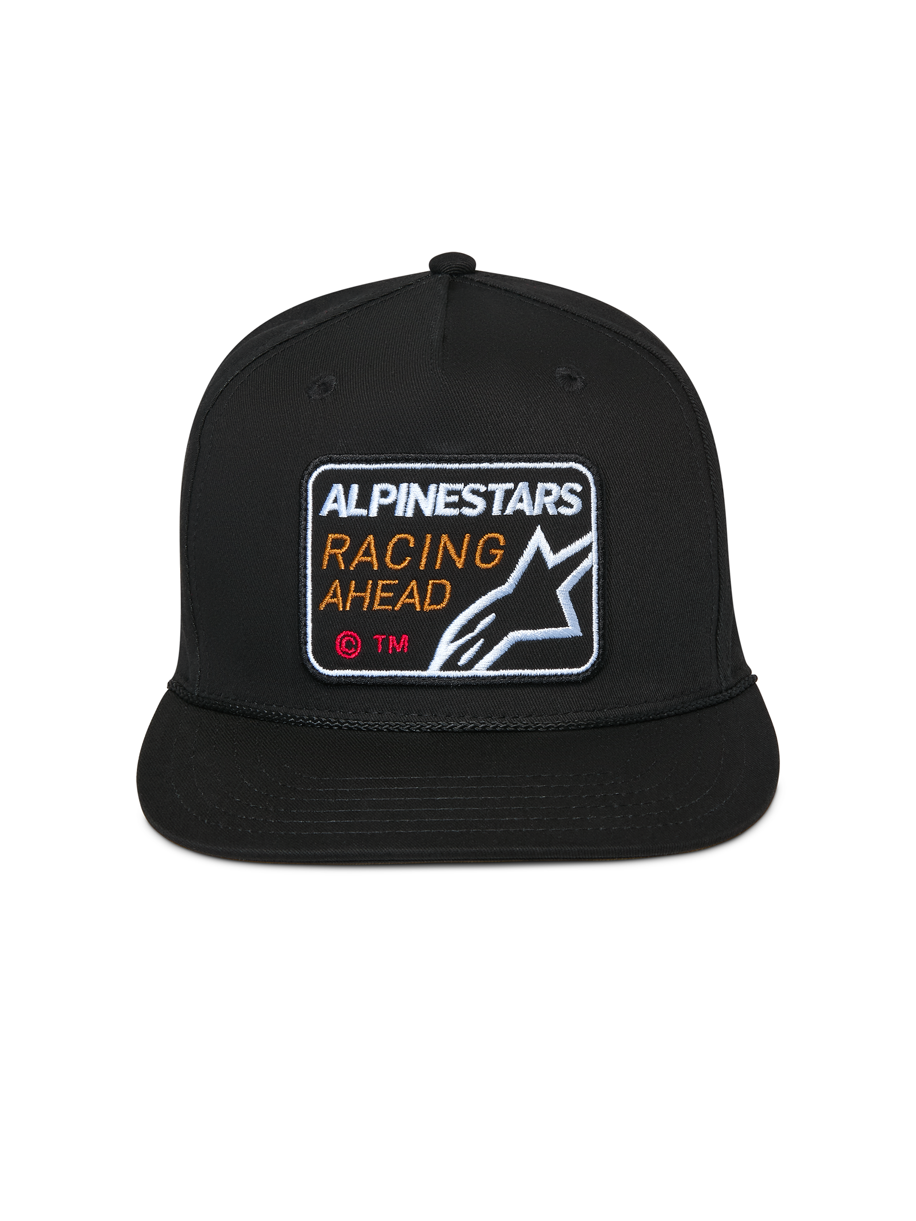 Alpinestars Intuitive Snapback pet, zwart, geborduurde Alpinestars Racing Ahead patch op de voorkant, platte klep met gestructureerde kroon, casual motorsport hoofdbedekking