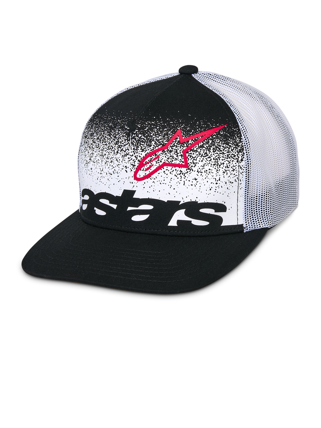 Alpinestars Component Trucker pet, zwart en wit, platte klep met gestructureerde kroon, ademende witte mesh achterzijde, voorpaneel met rode Astars logo-omtrek en zwart woordmerk met MX-verloop, casual motorsport hoofdbedekking