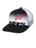 Alpinestars Component Trucker pet, zwart en wit, platte klep met gestructureerde kroon, ademende witte mesh achterzijde, voorpaneel met rode Astars logo-omtrek en zwart woordmerk met MX-verloop, casual motorsport hoofdbedekking