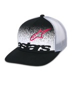 Alpinestars Component Trucker pet, zwart en wit, platte klep met gestructureerde kroon, ademende witte mesh achterzijde, voorpaneel met rode Astars logo-omtrek en zwart woordmerk met MX-verloop, casual motorsport hoofdbedekking