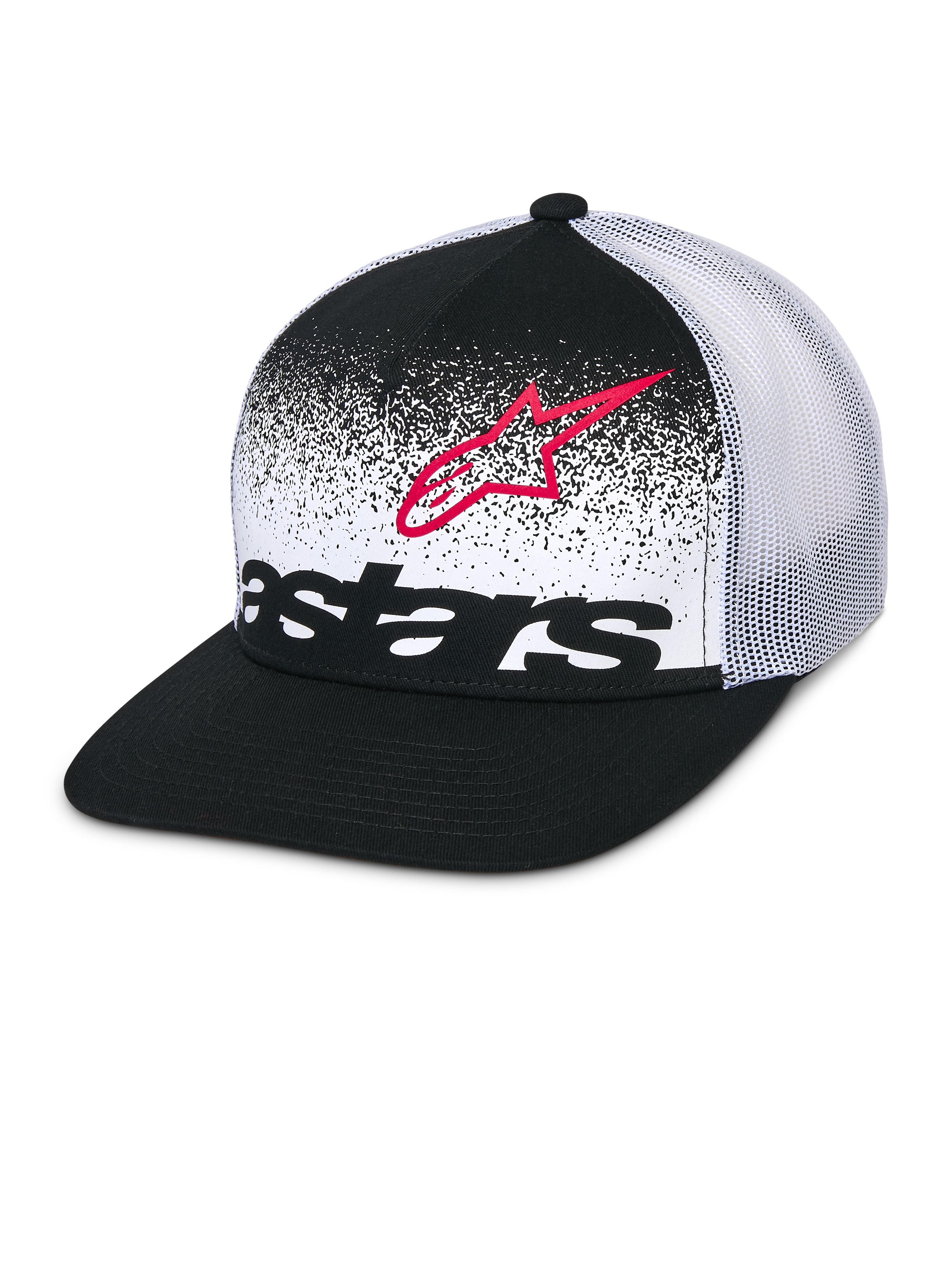 Alpinestars Component Trucker Mütze, Schwarz und Weiß, flacher Schirm mit strukturierter Krone, atmungsaktive weiße Mesh-Rückseite, Frontpanel mit roter Astars-Logo-Kontur und schwarzem Wortlogo mit MX-Gradations-Design, lässige Motorsport-Kopfbedeckung