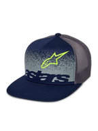 Alpinestars Component Trucker pet, donkerblauw en grijs, platte klep met gestructureerde kroon, grijze mesh achterkant, voorzien van een limoengroene Astars logo-omtrek en donkerblauw woordmerk op een grijs gespikkeld MX-verloop voorpaneel