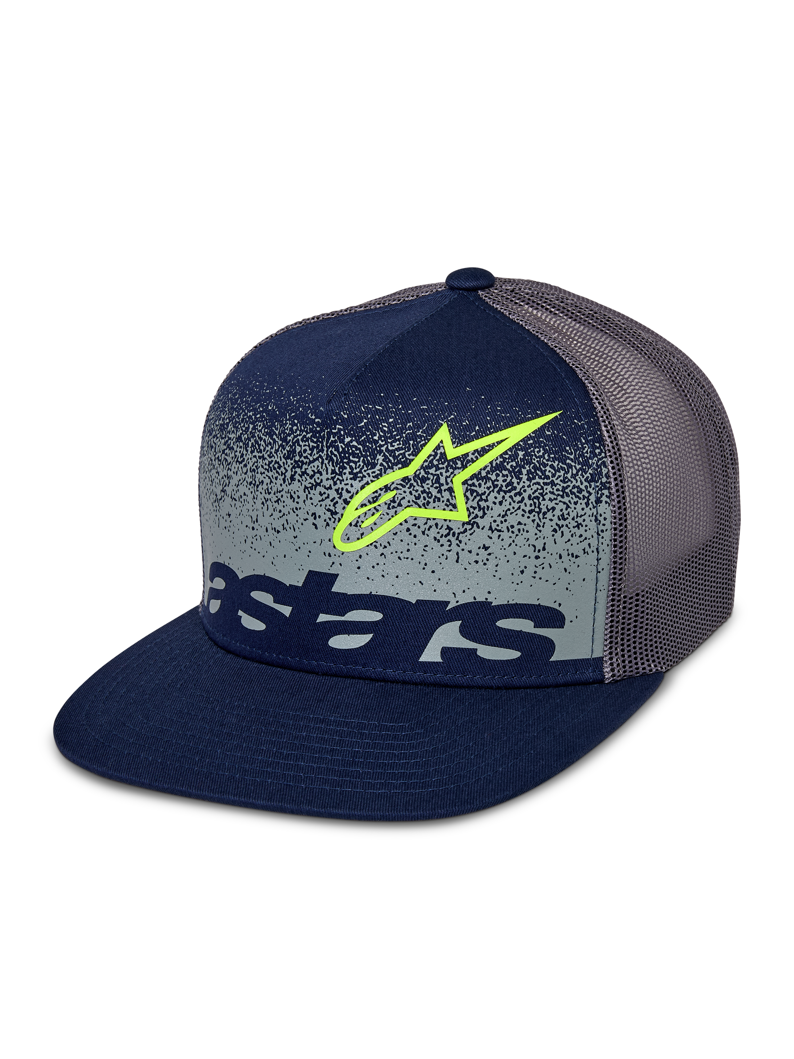 Alpinestars Component Trucker pet, donkerblauw en grijs, platte klep met gestructureerde kroon, grijze mesh achterkant, voorzien van een limoengroene Astars logo-omtrek en donkerblauw woordmerk op een grijs gespikkeld MX-verloop voorpaneel