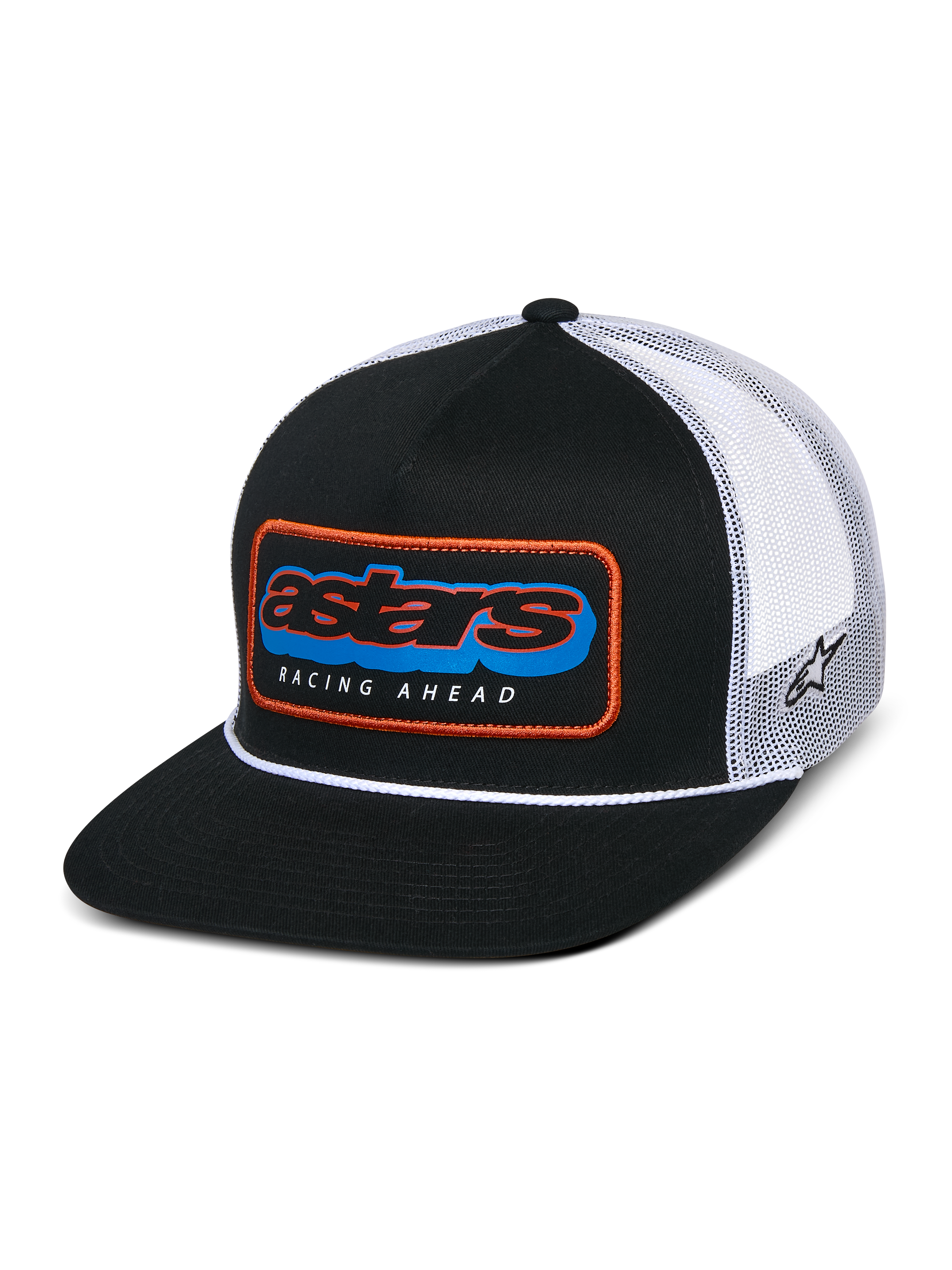 Casquette Trucker Alpinestars Phosphor, noir et blanc, visière plate avec couronne structurée et détail de corde blanche, patch multicolore Astars à l'avant avec bordure orange et texte « RACING AHEAD », arrière en maille blanche respirante avec broderie du logo sur le côté