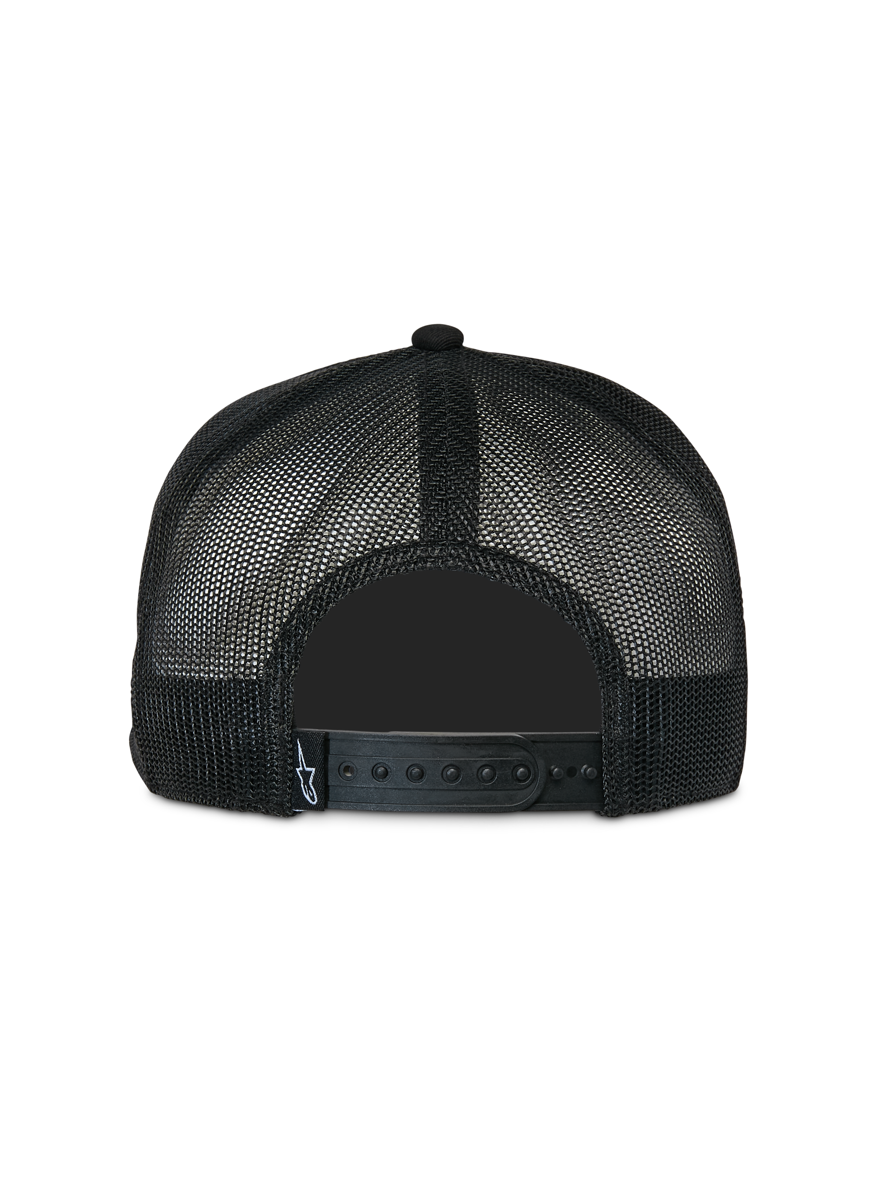 Alpinestars Contender Trucker pet, zwart, achteraanzicht met poly mesh materiaal en verstelbare snapback-sluiting, klein wit Astars-logolabel, casual motorsport-geïnspireerde hoofdbedekking