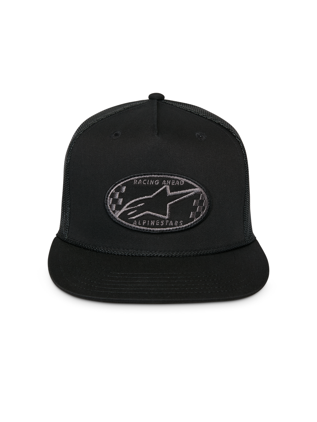 Alpinestars Contender Trucker pet, zwart, gestructureerde snapback met platte klep, ovale geborduurde Astars logo patch met geblokte details op de voorzijde, mesh achterzijde, casual sportswear