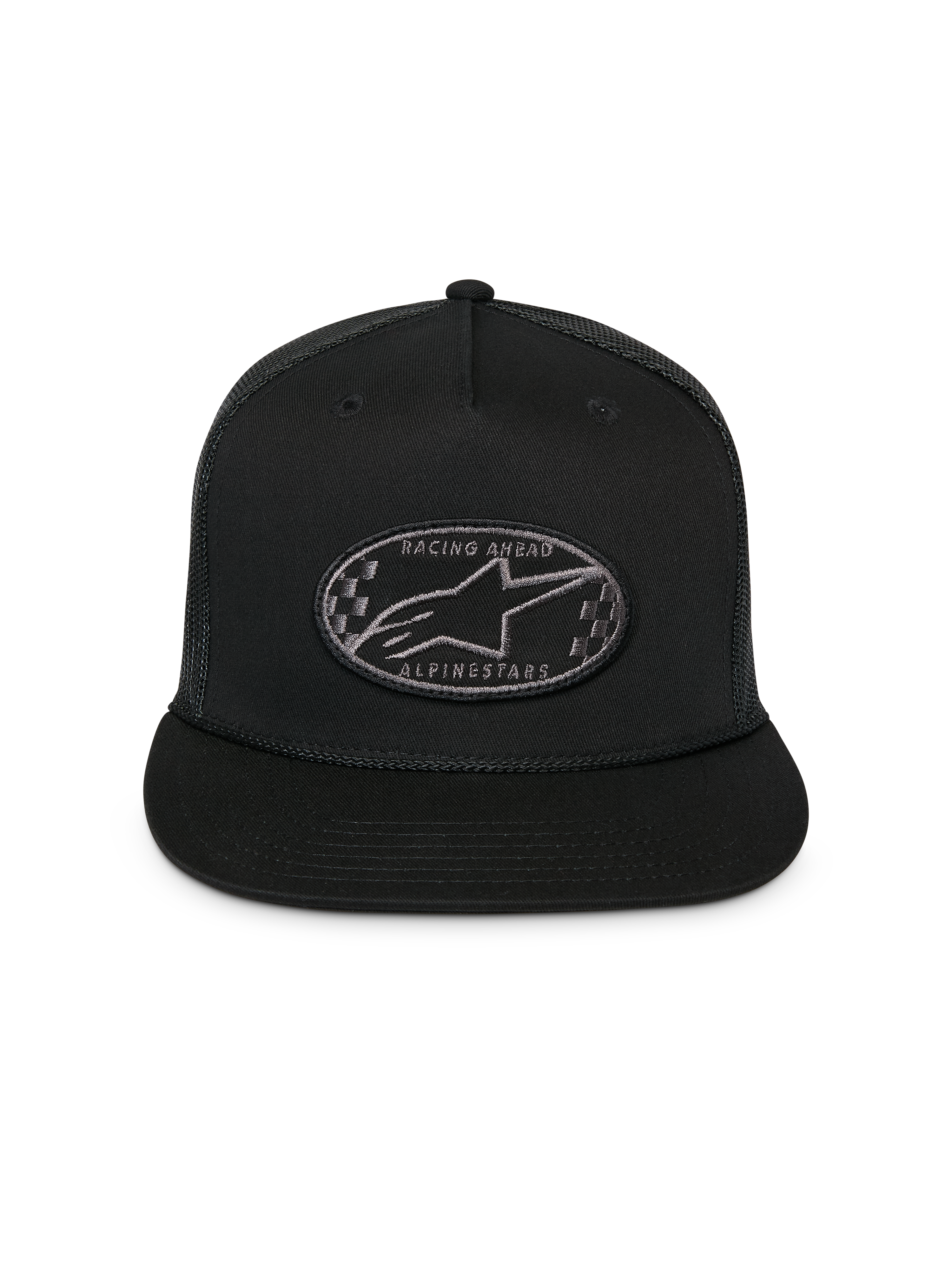 Alpinestars Contender Trucker pet, zwart, gestructureerde snapback met platte klep, ovale geborduurde Astars logo patch met geblokte details op de voorzijde, mesh achterzijde, casual sportswear
