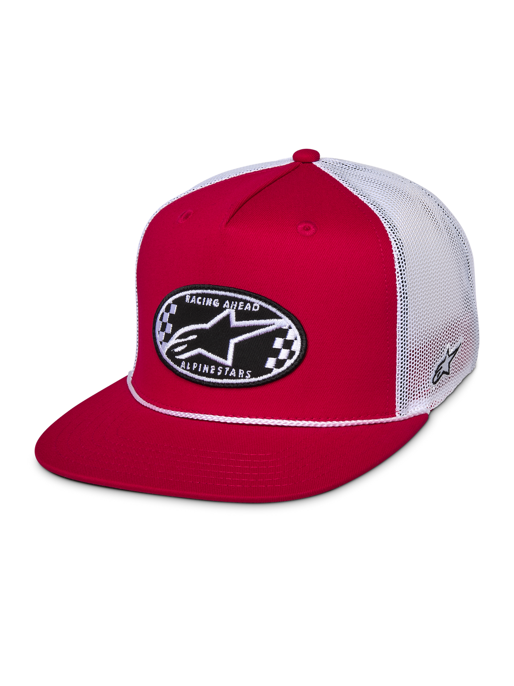 Alpinestars Contender Trucker Pet, rood en wit, snapback met platte klep, ovale geborduurde Astars-patch met dambordpatroon op de voorkant, witte mesh achterkant, casual motorsport streetwear