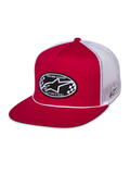 Alpinestars Contender Trucker Pet, rood en wit, snapback met platte klep, ovale geborduurde Astars-patch met dambordpatroon op de voorkant, witte mesh achterkant, casual motorsport streetwear