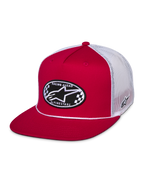 Alpinestars Contender Trucker Pet, rood en wit, snapback met platte klep, ovale geborduurde Astars-patch met dambordpatroon op de voorkant, witte mesh achterkant, casual motorsport streetwear