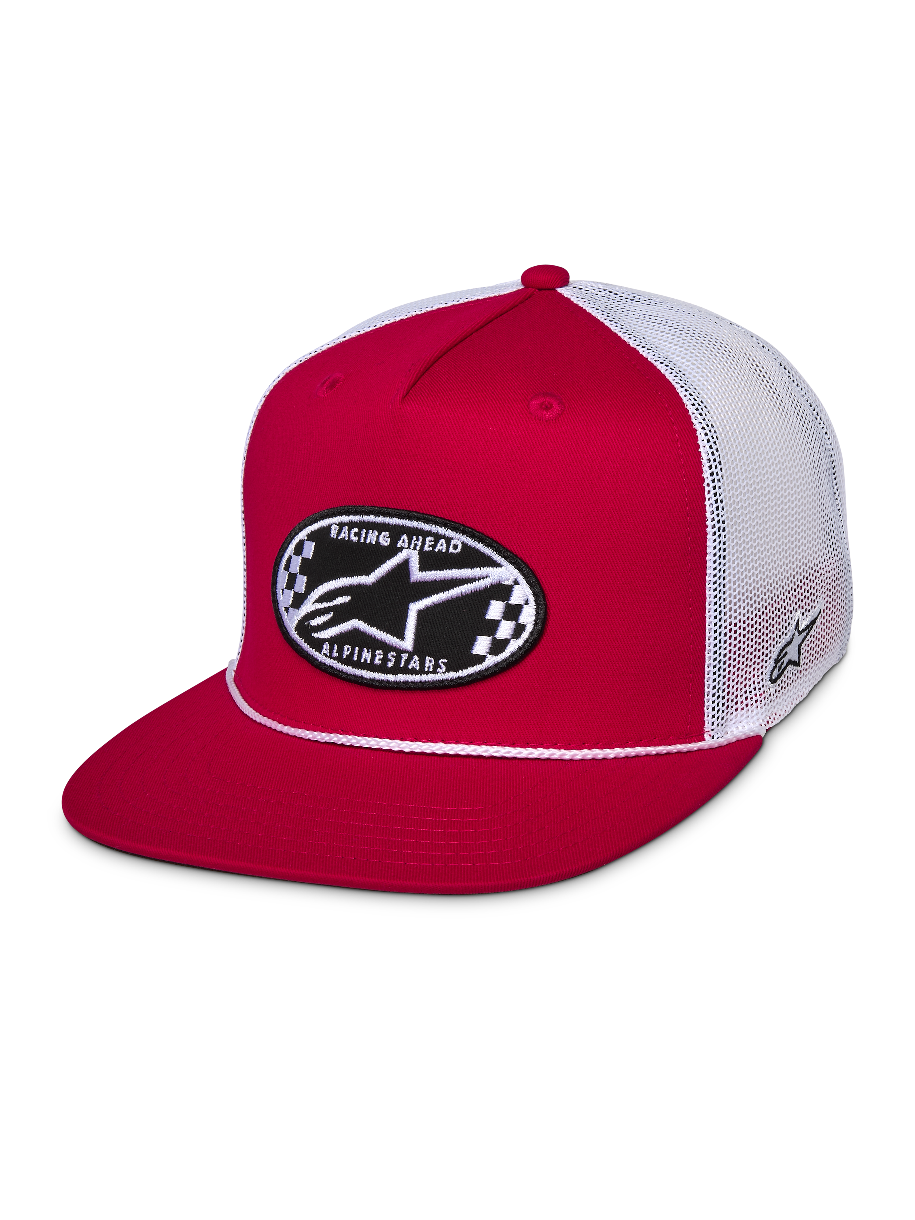 Alpinestars Contender Trucker Pet, rood en wit, snapback met platte klep, ovale geborduurde Astars-patch met dambordpatroon op de voorkant, witte mesh achterkant, casual motorsport streetwear