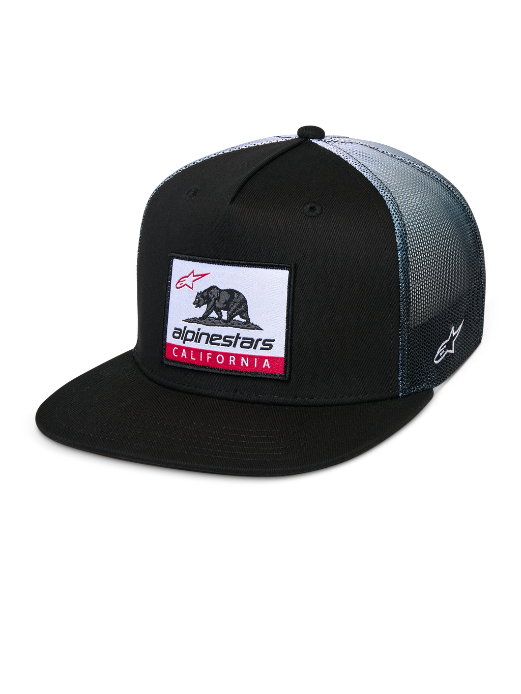Alpinestars Cali Gradient Trucker Hat, trucker pet, zwart met grijze mesh achterzijde met kleurverloop, voorzien van een geweven Cali Bear labelpatch met rode accenten, platte klep, geborduurd Astars-logo aan de zijkant, casual sportkleding