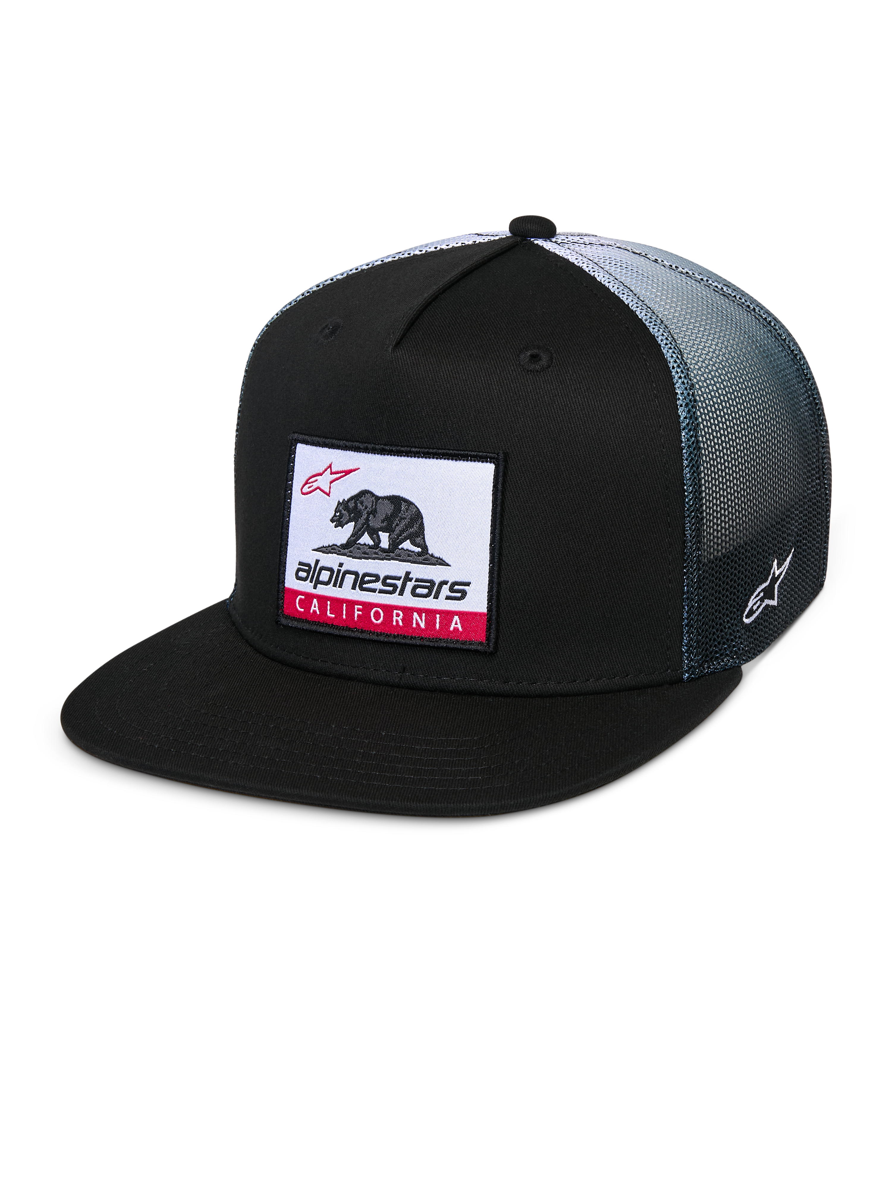 Alpinestars Cali Gradient Trucker Hat, trucker pet, zwart met grijze mesh achterzijde met kleurverloop, voorzien van een geweven Cali Bear labelpatch met rode accenten, platte klep, geborduurd Astars-logo aan de zijkant, casual sportkleding