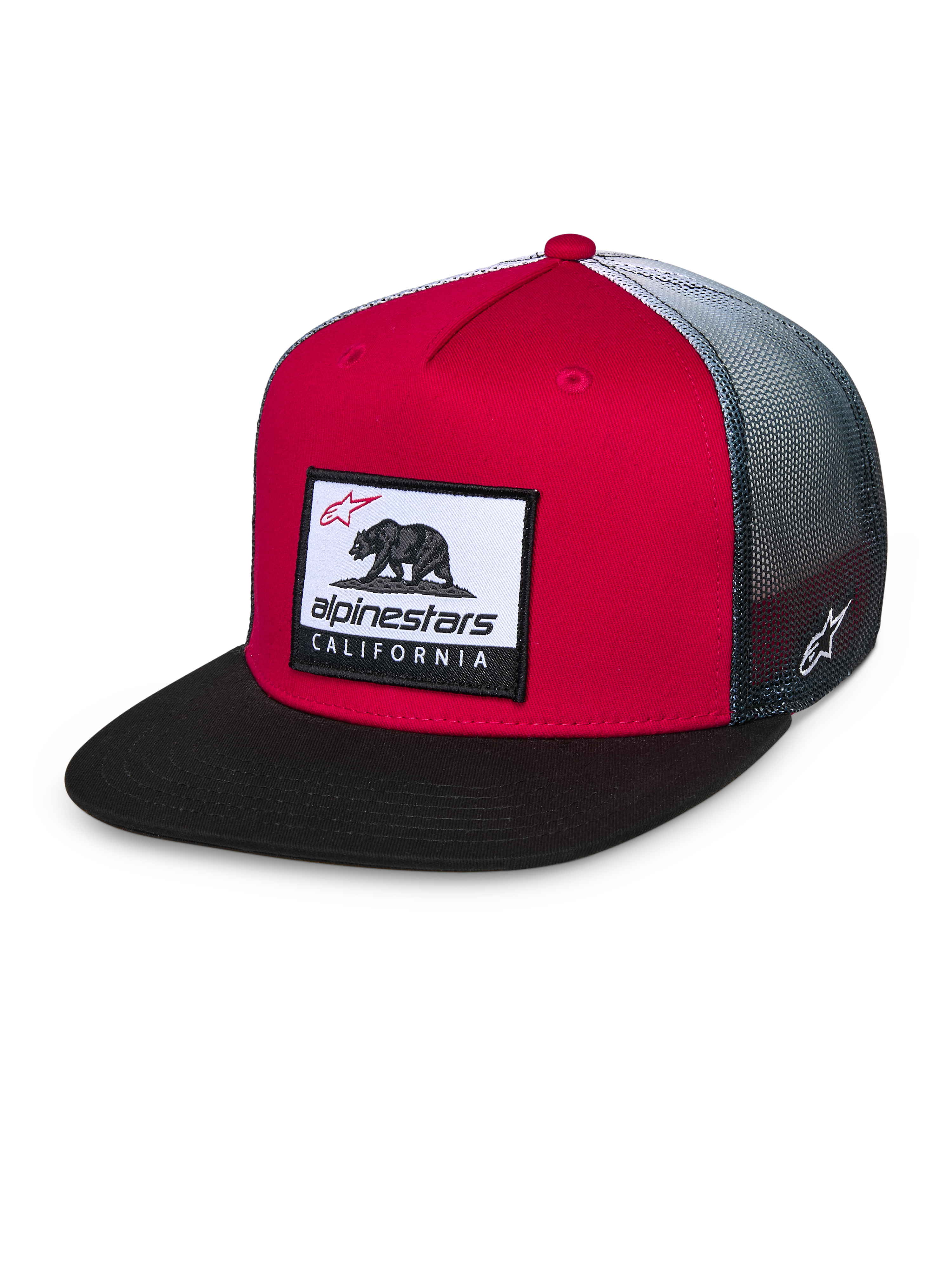 Alpinestars Cali Gradient Trucker-pet, rood, zwart en wit, gestructureerde rode kroon met zwarte platte klep, grijze mesh achterkant met kleurverloop, voorzien van een geweven Cali Bear-patch en geborduurd logo aan de zijkant, casual motorsport hoofddeksel