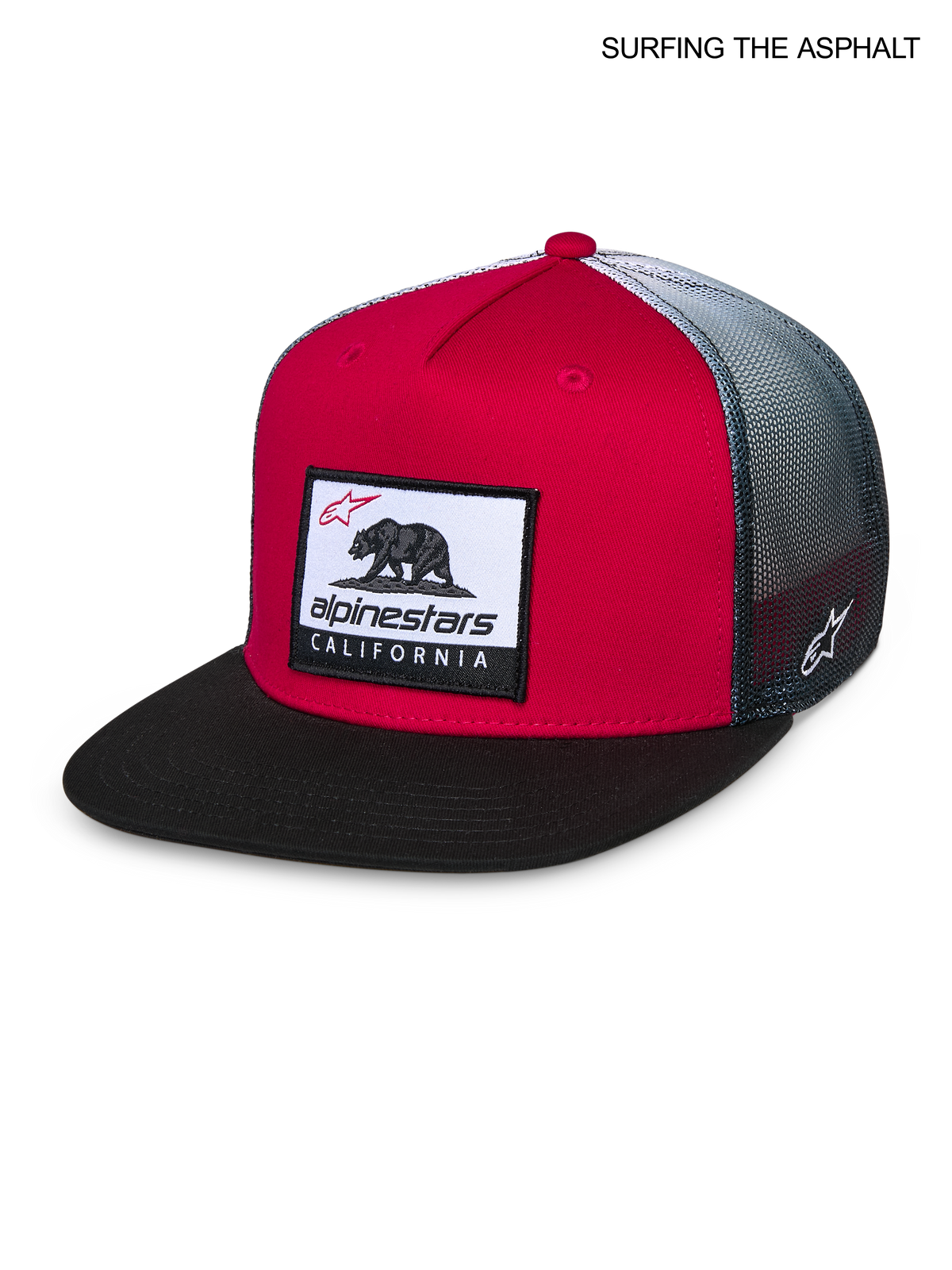 Alpinestars Cali Gradient Trucker Kappe, flacher Schirm, Rot, Schwarz und Weiß, mit Cali Bear Logo-Aufnäher vorne und atmungsaktiver Mesh-Rückseite