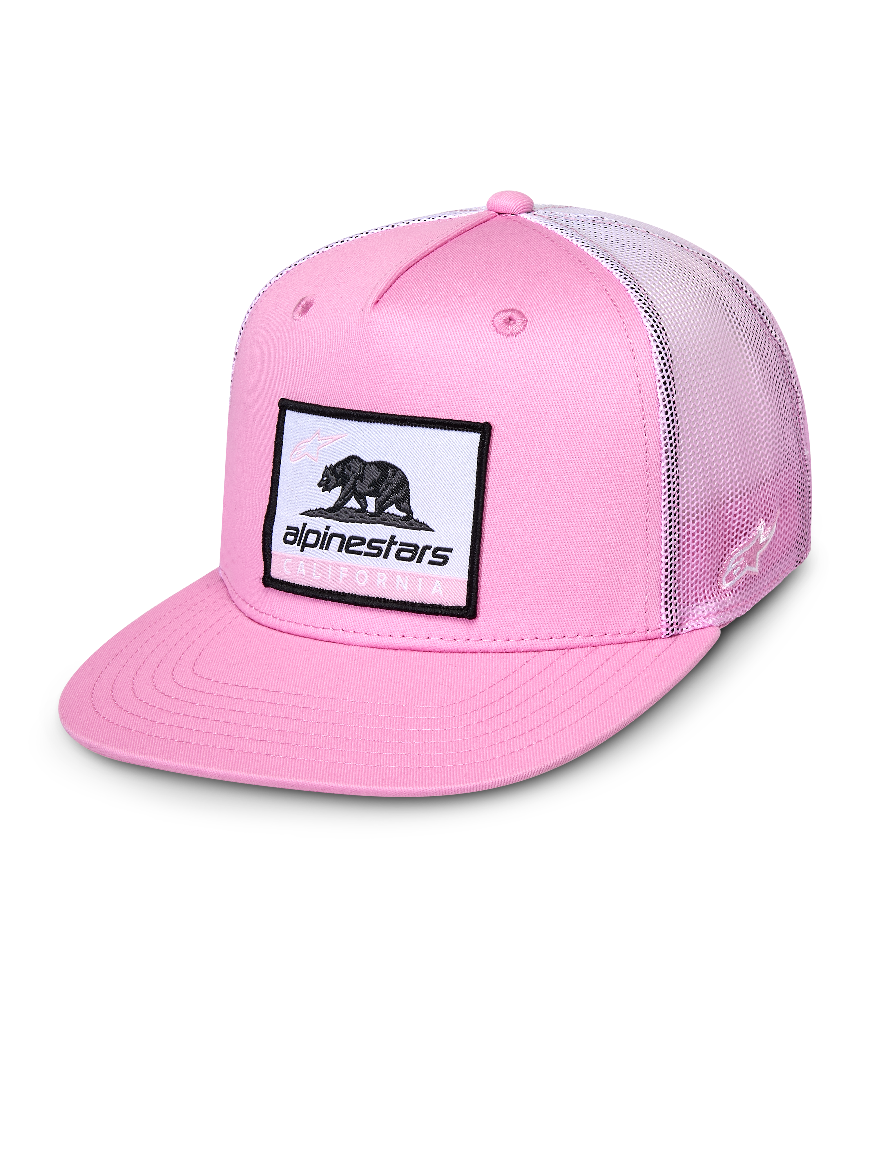 Alpinestars Cali Gradient Trucker Hat, Pink und Weiß, Cap mit flachem Schirm und gewebtem Cali Bear Patch, pinke Twill-Vorderseite und Mesh-Rückseite mit Farbverlauf, lässige Sportswear-Kopfbedeckung