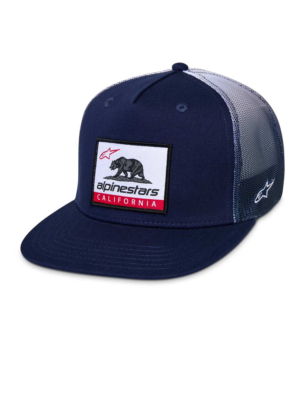 Alpinestars Cali Gradient Trucker pet, snapback cap, marineblauw en wit, voorzien van een platte klep, geweven patch met California bear aan de voorzijde, poly mesh achterzijde met kleurverloop en geborduurd Astars-logo op de zijkant