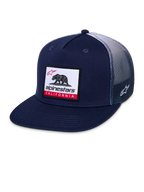 Alpinestars Cali Gradient Trucker pet, snapback cap, marineblauw en wit, voorzien van een platte klep, geweven patch met California bear aan de voorzijde, poly mesh achterzijde met kleurverloop en geborduurd Astars-logo op de zijkant