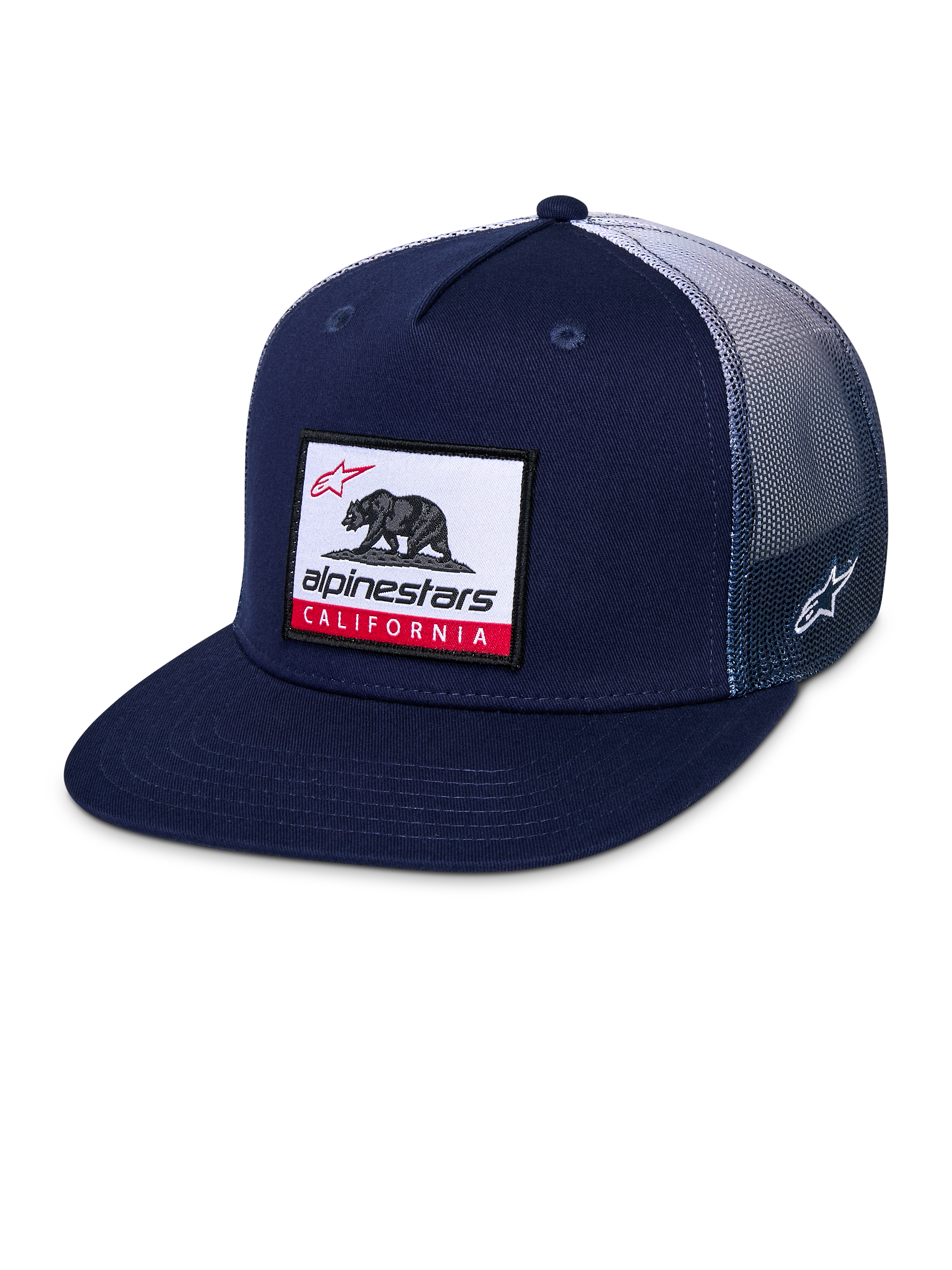Alpinestars Cali Gradient Trucker Hat, Snapback-Cap, Navy-Blau und Weiß, mit flachem Schirm, gewebtem California-Bär-Patch auf der Vorderseite, Poly-Mesh-Rückseite mit Farbverlauf und seitlicher Astars-Logo-Stickerei