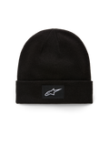 Alpinestars Augment Cuff muts, gebreide jersey steek beanie, zwart, met een geweven patch met wit Astars-logo op de omslag, casual motorsport streetwear