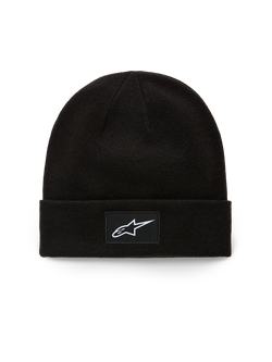 Alpinestars Augment Cuff muts, gebreide jersey steek beanie, zwart, met een geweven patch met wit Astars-logo op de omslag, casual motorsport streetwear