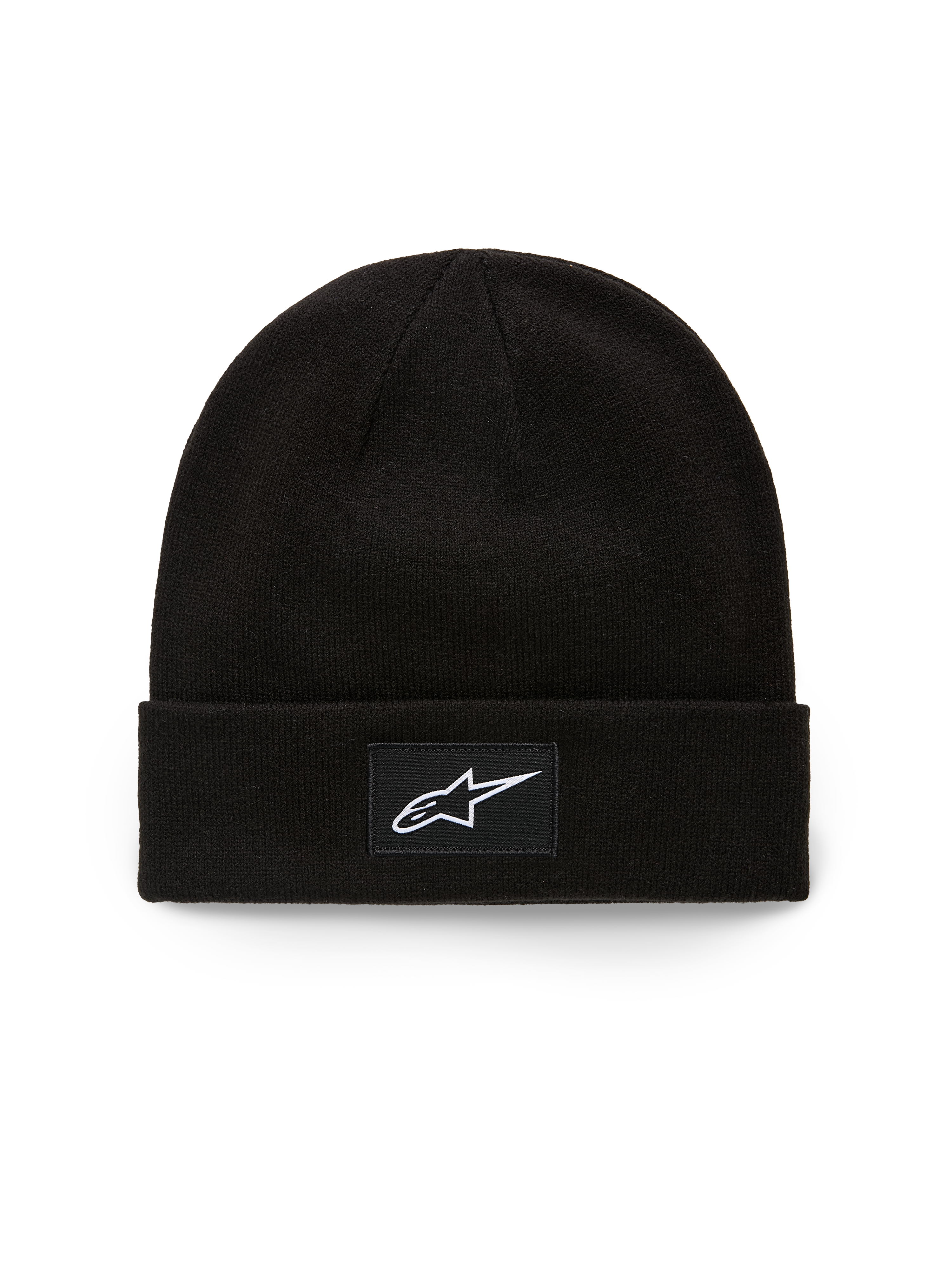Alpinestars Augment Cuff Beanie, Strickmütze aus Jersey-Strick, Schwarz, mit gewebtem Aufnäher mit weißem Astars-Logo auf dem vorderen Umschlag, lässige Motorsport-Streetwear