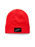 Alpinestars Augment Cuff Beanie, helderrode gebreide muts met omslag, voorzien van een zwarte geweven patch met een wit Astars-logo, casual sportkleding