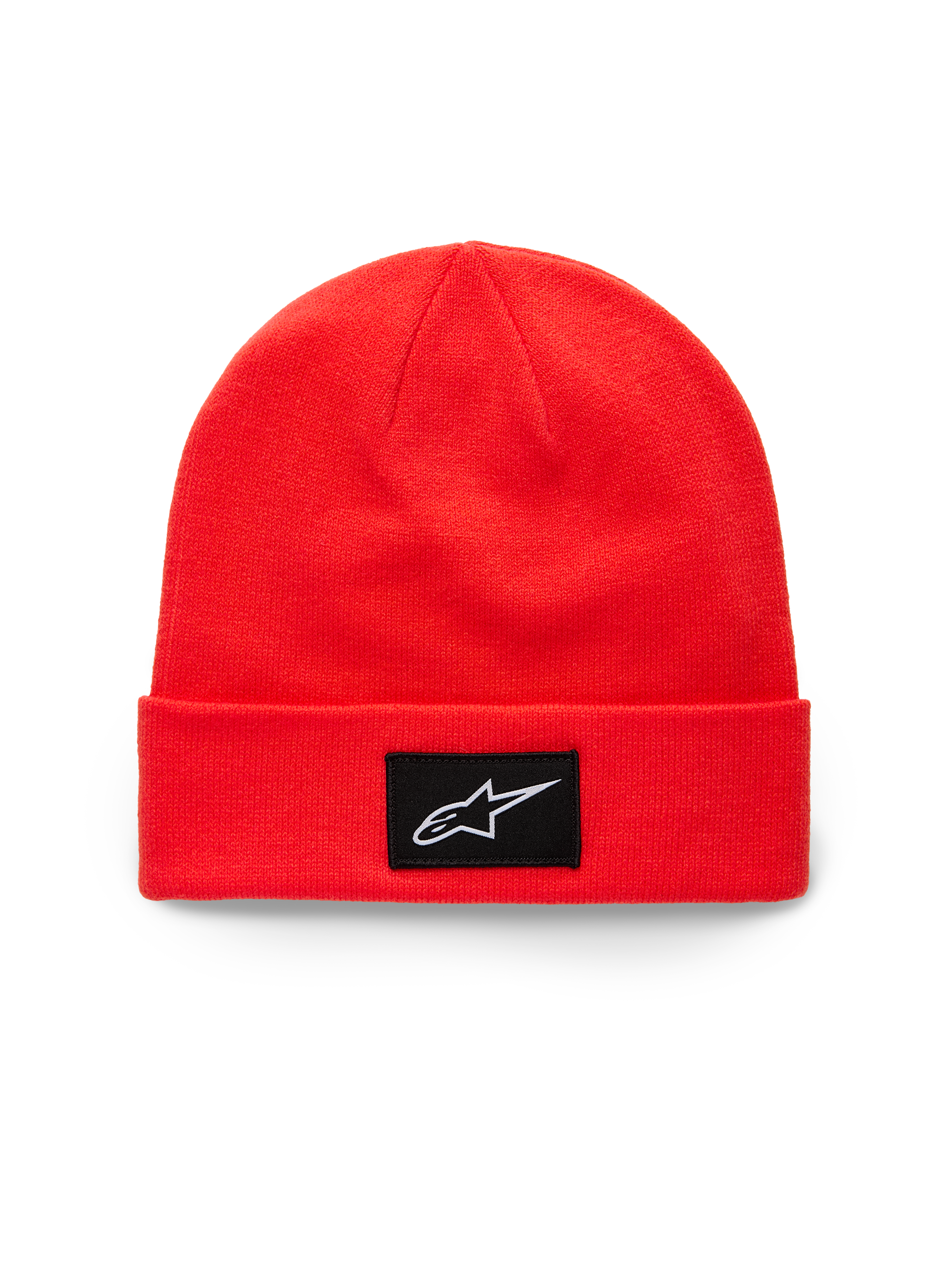 Alpinestars Augment Cuff Beanie, helderrode gebreide muts met omslag, voorzien van een zwarte geweven patch met een wit Astars-logo, casual sportkleding